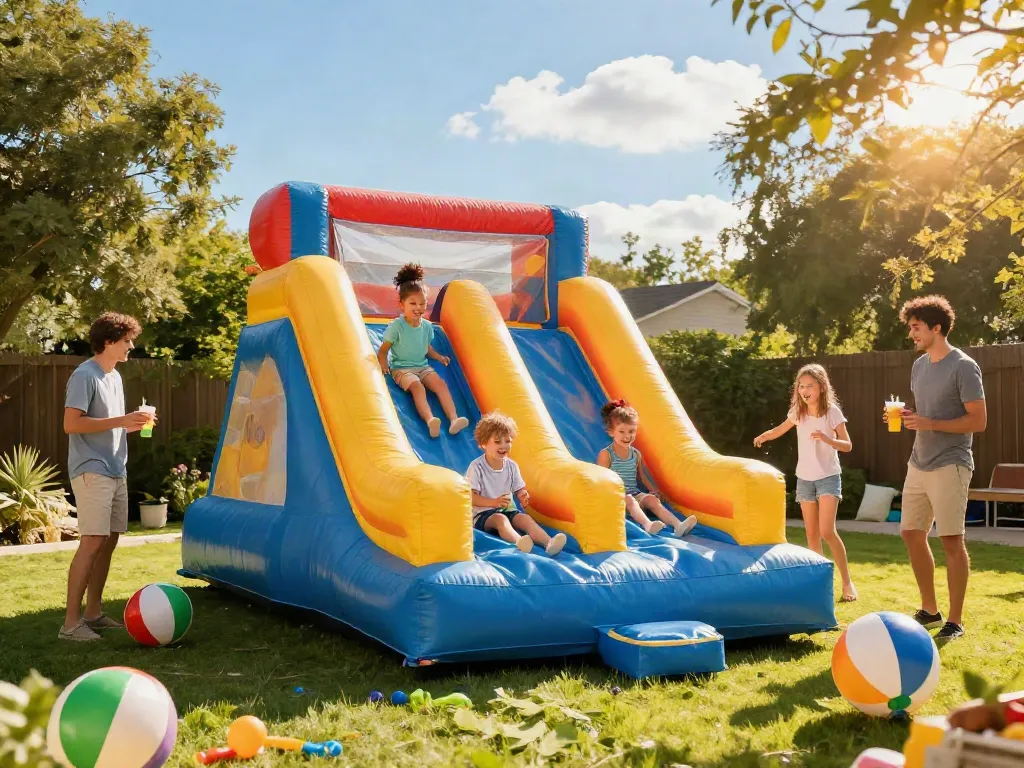 Children enjoying a slip and slide on a sunny day in a vibrant backyard.
