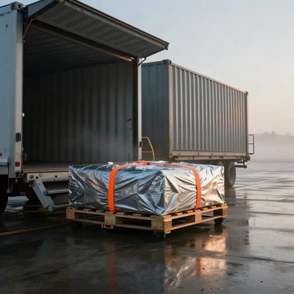 Dawn freight terminal with wrapped pallet, cargo hold door, container corner and trailer in mist.