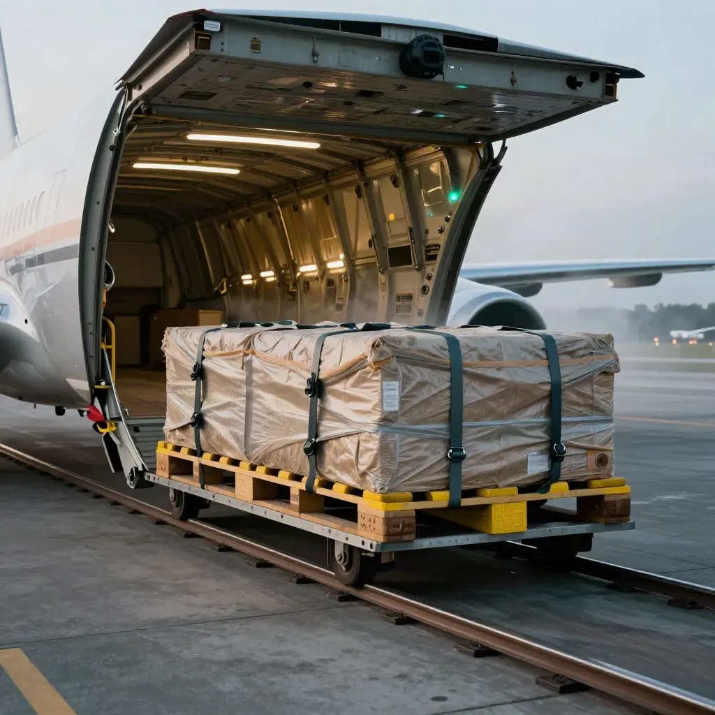 Open cargo plane hold with pallet load rolling forward through runway mist