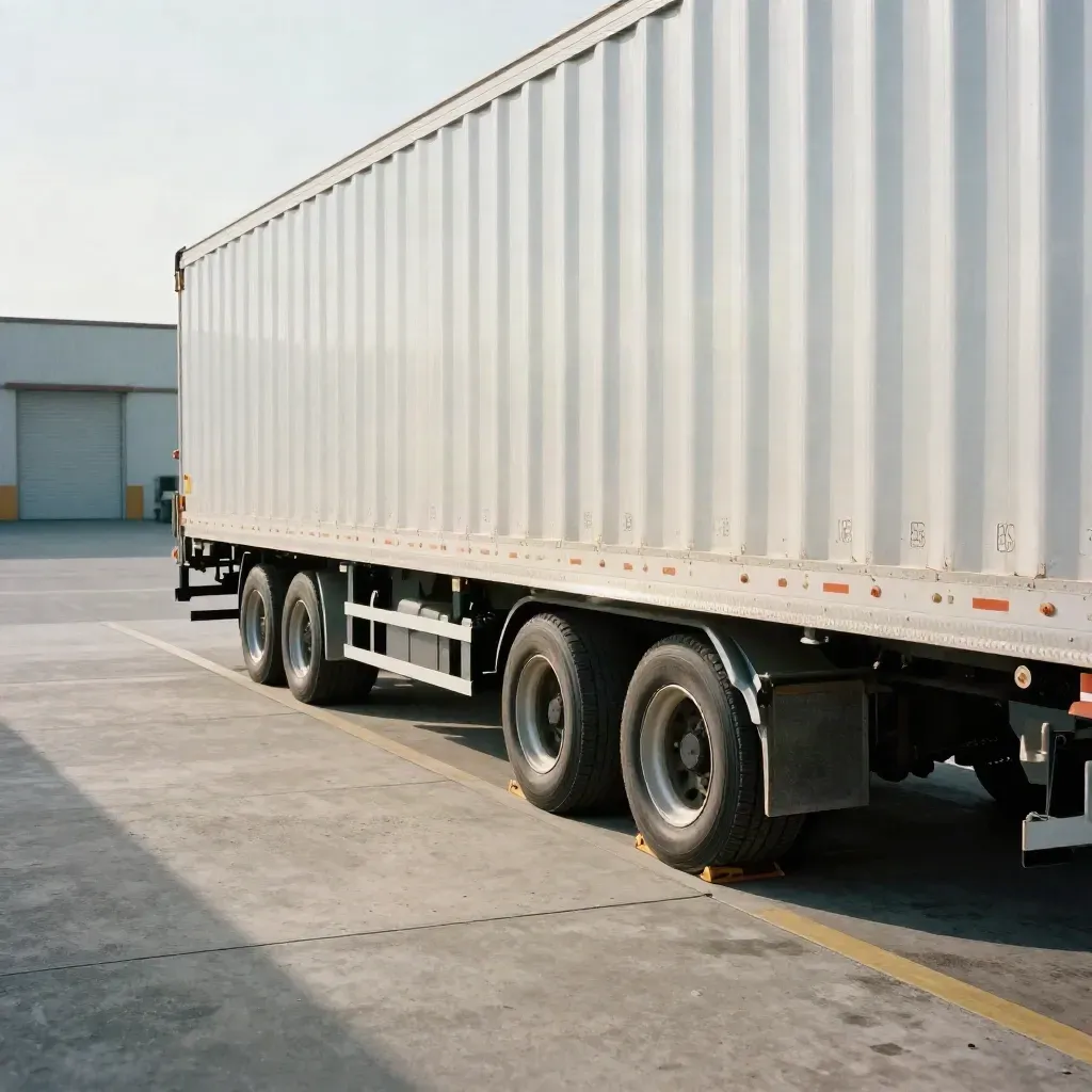 Curtain-sider trailer locks into a warehouse dock with wheel chocks and dock plate