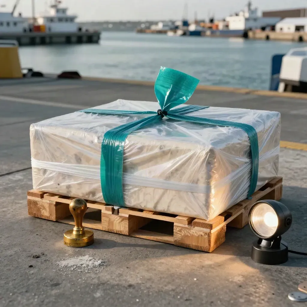 Sealed cargo pallet with brass stamp and teal inspection lamp on pale stone