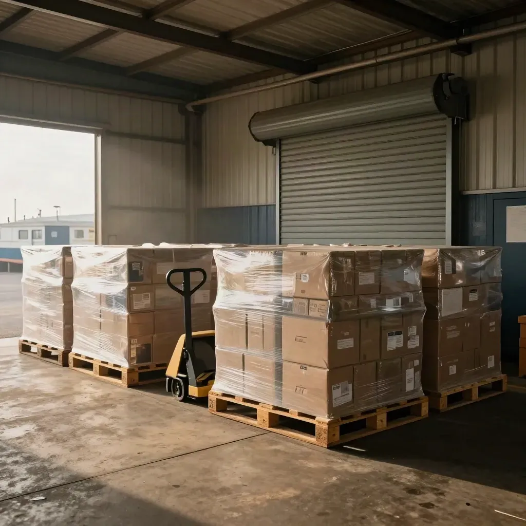 Kent warehouse bay with stacked pallets near a shutter and soft coastal haze