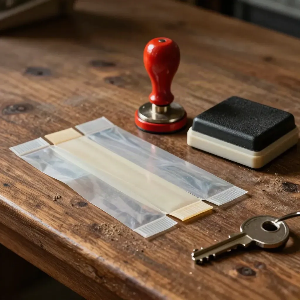 Tamper seals, red seal press and stamp pad on a walnut customs bench in dramatic light.