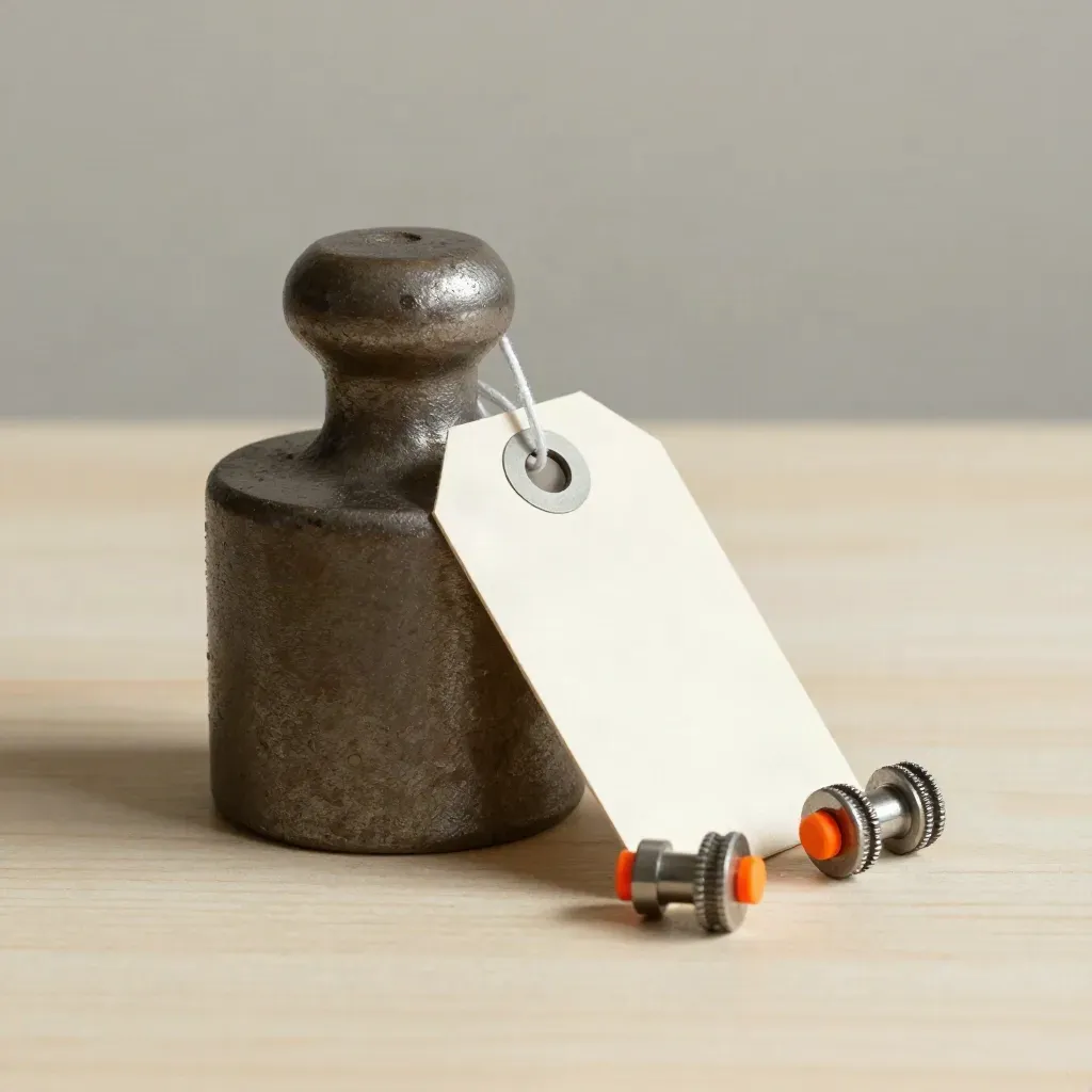 Steel weight, face-down parcel tag and two cargo seals on pale wood in soft side light.