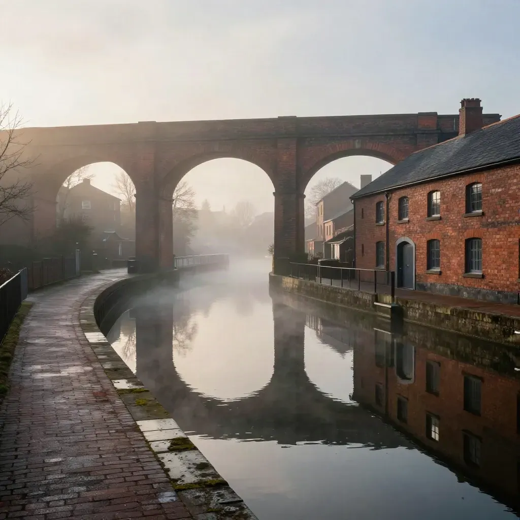 Misted Birmingham canal basin with brick viaduct and rooftops at dawn